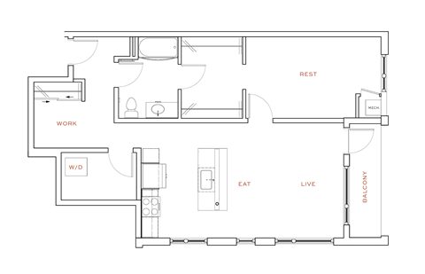 Floor plan for 1 bed, 1 bath, 917 sqft